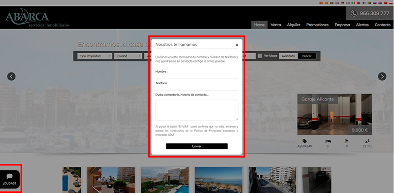 Chat formulario en web de inmobiliaria Abarca.